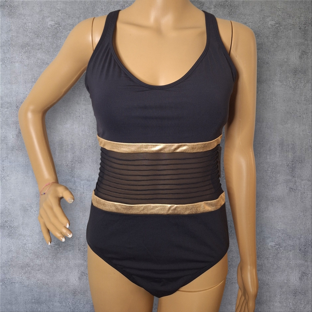 Bleu Rod Beattie Black One-Piece Swimsuit with Gold Trim